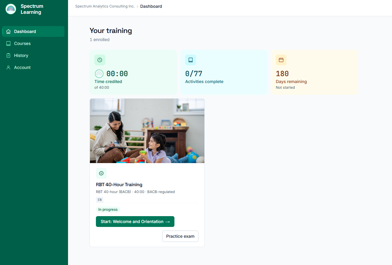 The Spectrum Learning dashboard in English: "Your training", with time credited of 40:00, 0 of 77 activities complete and 180 days remaining.