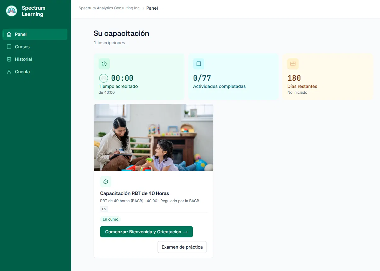 The Spectrum Learning dashboard in Spanish: "Su capacitación", showing time credited toward 40:00 and 0 of 77 activities complete.