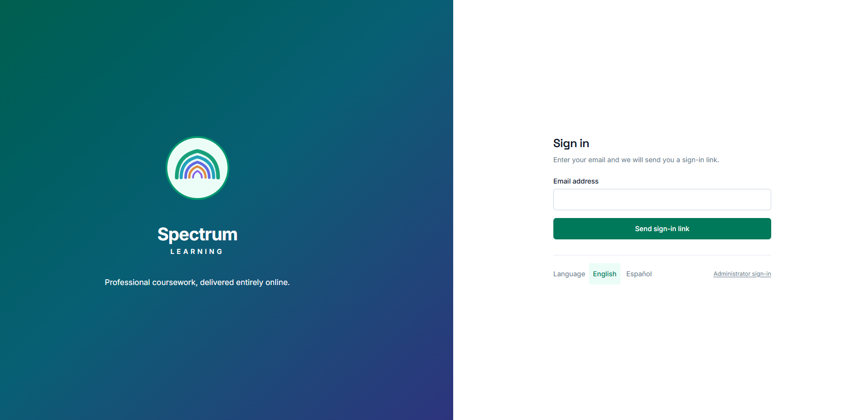 Spectrum Learning sign-in screen: the Spectrum Learning wordmark beside an email field, a Send sign-in link button, and an English / Español language selector.